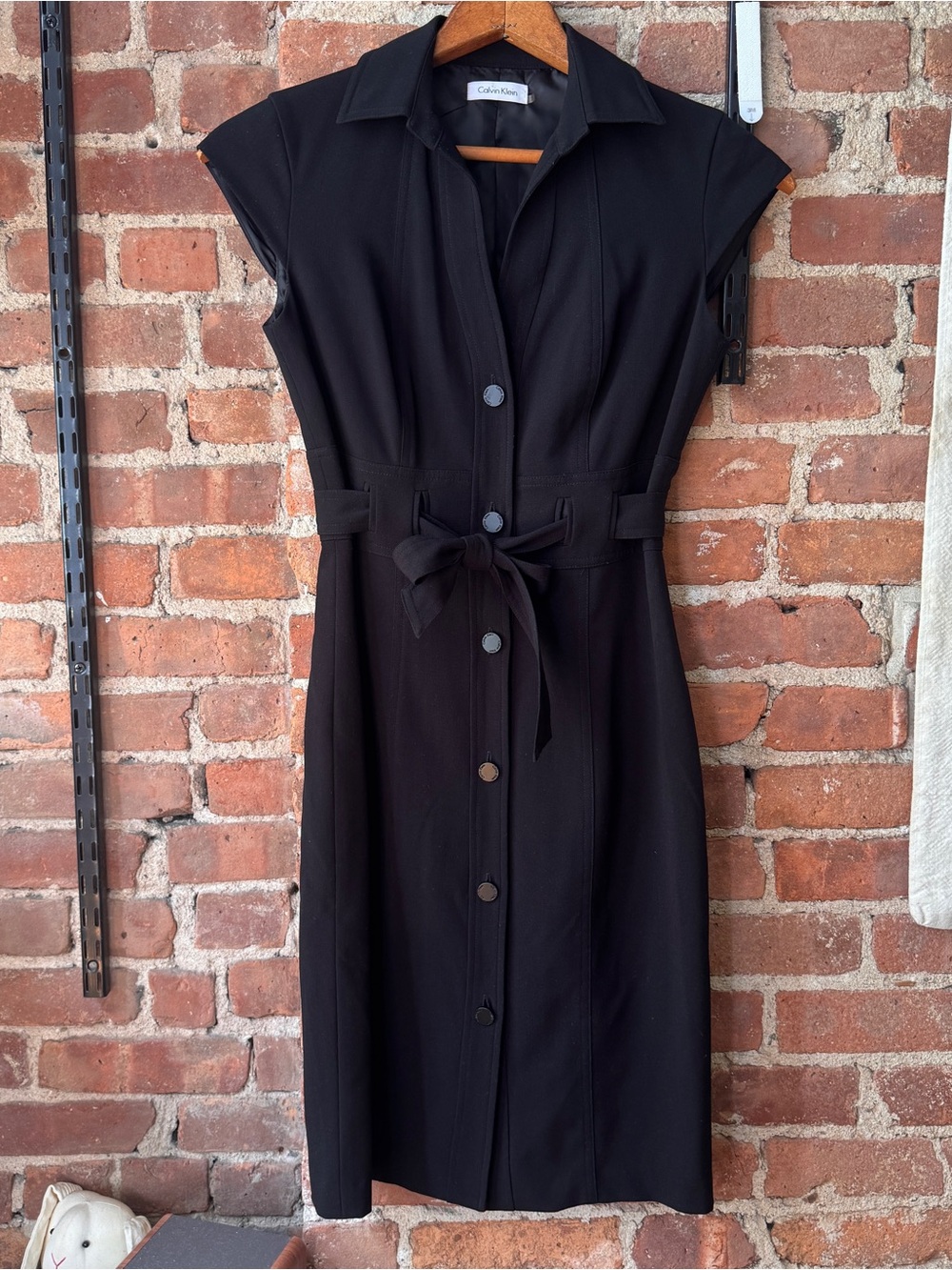 90s Calvin Klein Black Button-Front Shirt Dress with Tie Waist